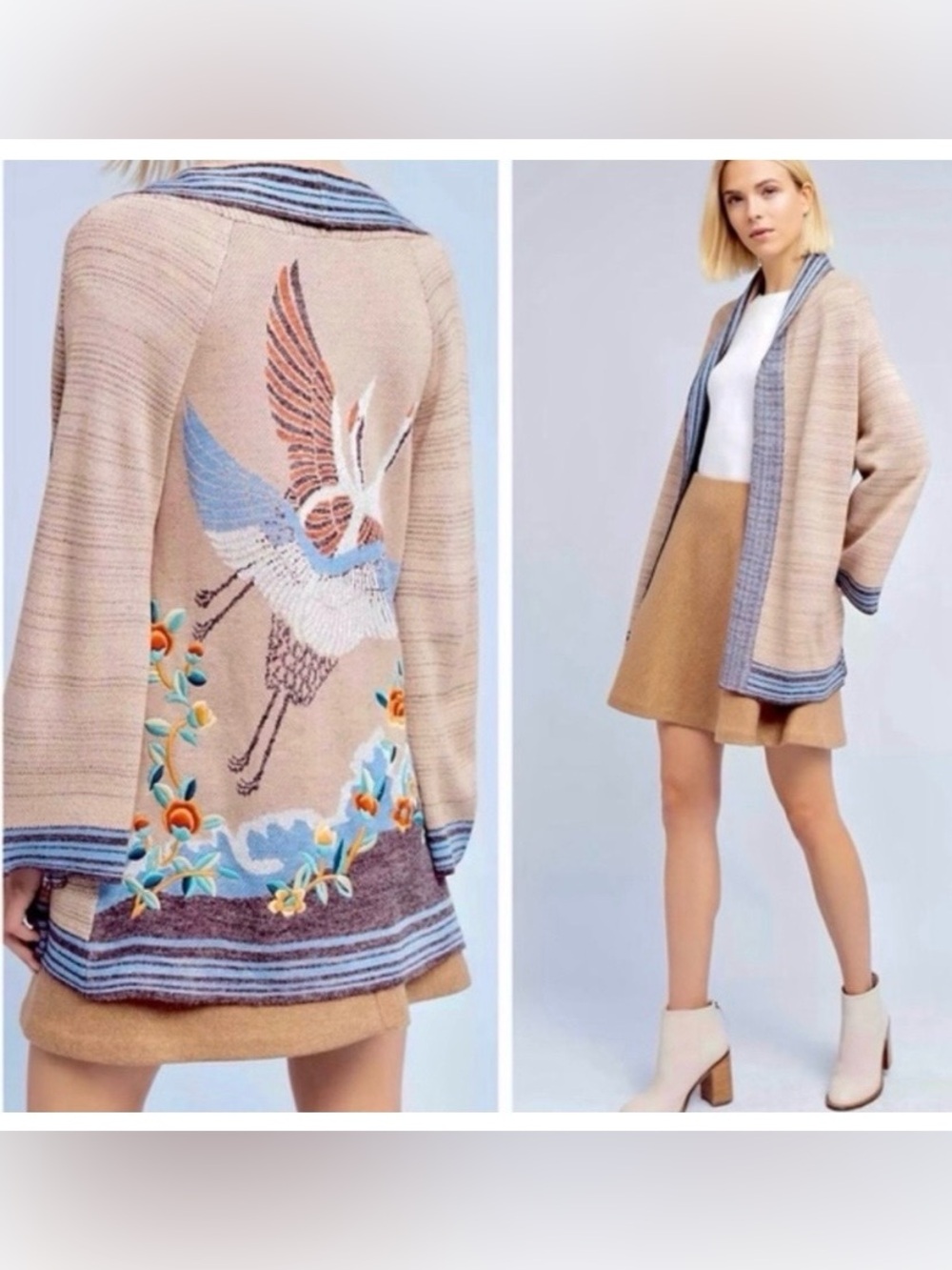 Anthropologie Beige Embroidered Crane Open-Front Wool Blend Sweater Cardigan - Picture 14 of 14
